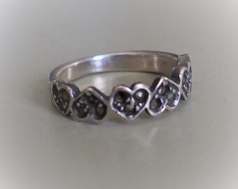 Ring: Vintage Sterling Silver Hearts on Band, Rhinestone Accents, Size 5