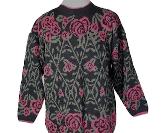 Sweater, Pullover Knit: Size M, Black with Pink Roses, Vintage 1980s