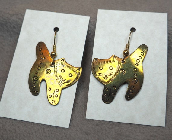 Cat Earrings, Gold Color, Metal, Vintage 1990s - image 3