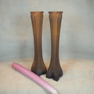Brown Frosted Glass Vases, Set of Two, 8 Inches High, Vintage