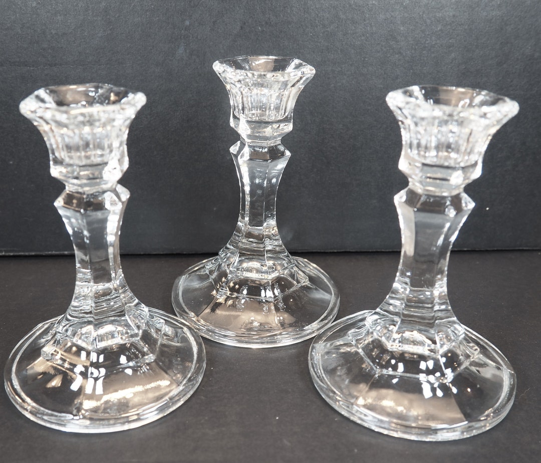 Vintage Clear Glass Candlestick Holders, Set of Three 3, 4 Inches High