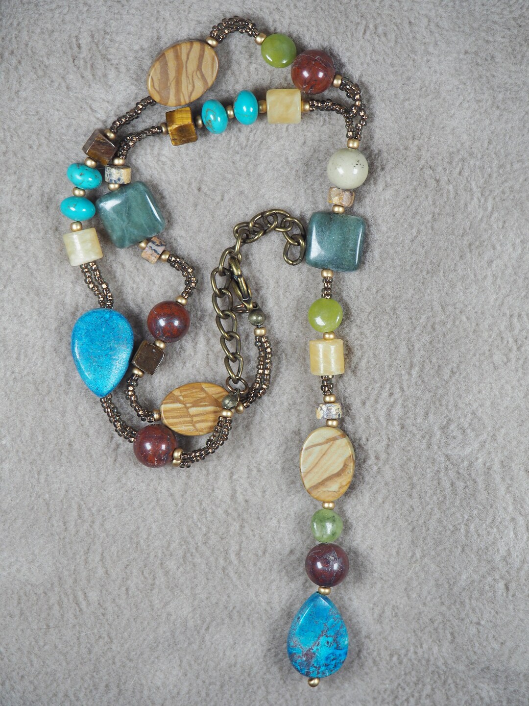 Goldtone Layered Eye & Purple Blue Jasper Pointed Necklace