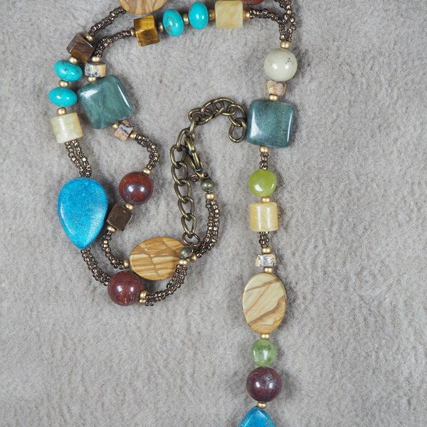 Necklace–Asymmetrical, Turquoise, Jasper, Jade, Tigereye, Green Maroon Gold Brass, Length Adjustable 15-18" Pendant 5" (Item: NS TU JS B 01)