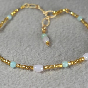 Anklet Hand Made, Gemstones Larimar Rose Quartz, Adjustable Length Ankle Bracelet