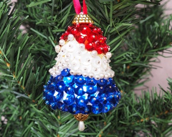 Patriotic Red White and Blue Bell Sequined and Beaded Christmas Tree Ornament with Red Ribbon, 3-1/4 inches high, Vintage