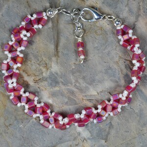Bracelet Pink White Bright Silver Hand Woven Cube Beads Adjustable Length 7-1/4 to 8 inches