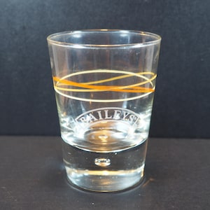Bailey&#39;s Drink Glass, Vintage 1970s, 4 inches high, Orange and Yellow pin stripes