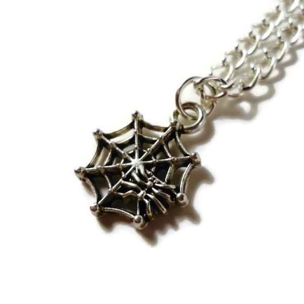 Silver Spider Web Necklace, Spider Charm Necklace, Halloween Necklace, Gothic Jewelry, Metal Pendant Necklace, Teen Jewelry, Women's Jewelry