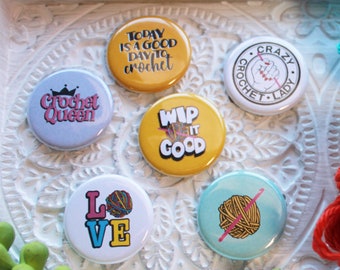 Crochet Time! Badge Set, 1.25" Pin Buttons, Magnets