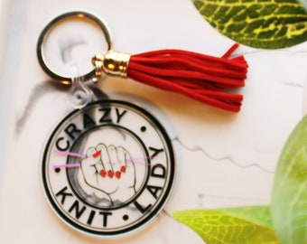 Crazy Knit Lady Keychain, knit lover, knitter accessory, acrylic keychain