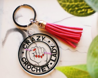 Crazy Crochet Lady Keychain, crochet lover, crocheter, acrylic keychain