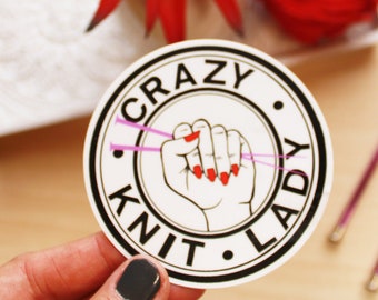 Crazy Knit Lady Sticker, knitters accessory, laptop sticker, waterproof sticker, gift for knitter