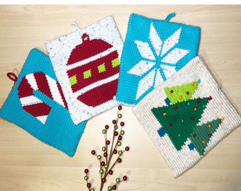 Christmas Potholder Set Crochet Pattern, hot pads crochet pattern, kitchen decor, christmas tree, snowflake, christmas ornament, candy cane