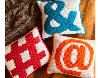 Symbol Trio Crochet Pillow Pattern Set, Social Media Icon, Ampersand, Hashtag, @ sign, crochet tutorial, dorm room