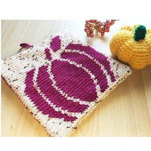 Pumpkin Crochet Potholder Pattern, pumpkin silhouette pattern, reversible pattern, thanksgiving kitchen decor, tapestry crochet image 1