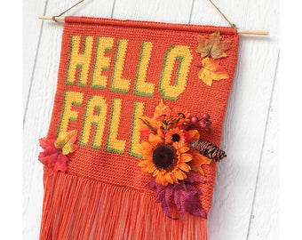 HELLO FALL Crochet Wall Hanging Banner Pattern, Wall Hanging Tapestry, Wall Hanging Decor, Wall Hanging Yarn