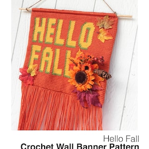 HELLO FALL Crochet Wall Hanging Banner Pattern, Wall Hanging Tapestry, Wall Hanging Decor, Wall Hanging Yarn image 1