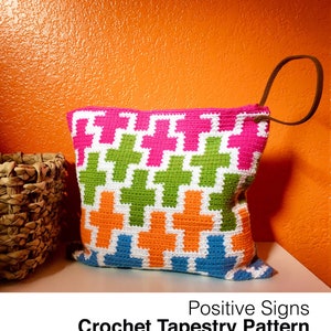 Positive Sign Tapestry Crochet Pattern, Crochet Pouch, Crochet Purse, tapestry crochet, diy accessory, cotton yarn, instant pdf download image 1