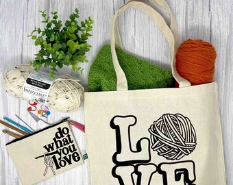 LOVE Yarn Tote Bag and Pouch Set, Gift For a Crocheter, Crochet Lover Tote Bag, Recycled Tote Bag,