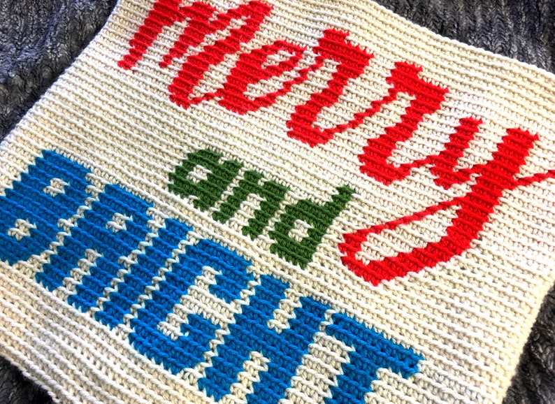 Crochet Christmas Pillow Wall Hanging Banner Holiday Decor Merry and Bright Crochet Pattern