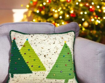 Modello per cuscino all'uncinetto con tre alberi di Natale, decorazione per cuscino natalizio