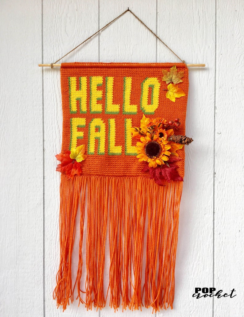 HELLO FALL Crochet Wall Hanging Banner Pattern, Wall Hanging Tapestry, Wall Hanging Decor, Wall Hanging Yarn image 2