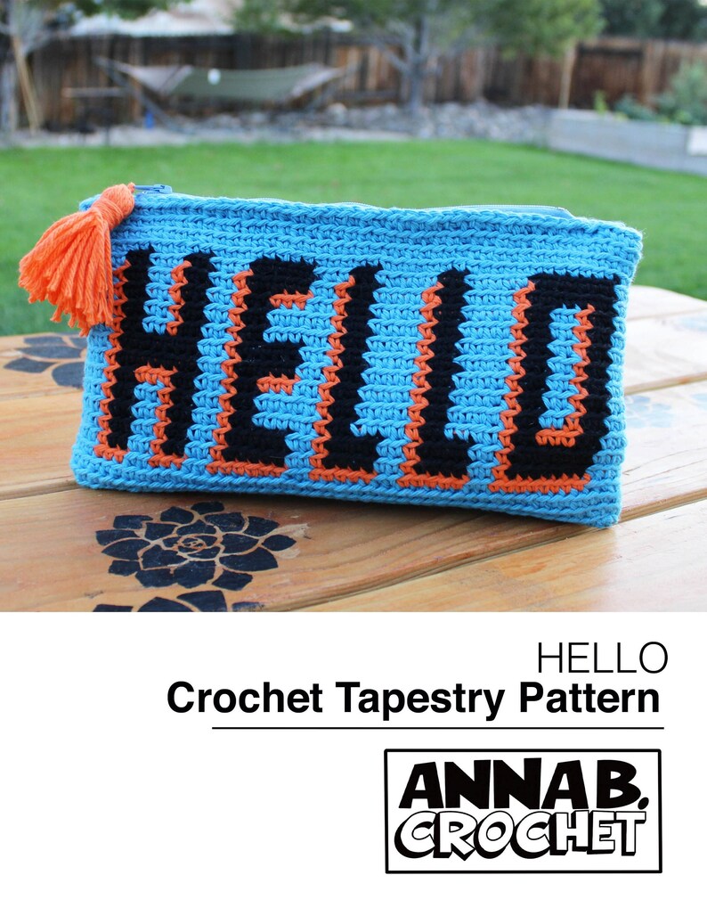 HELLO Pouch Tapestry Crochet Pattern, Purse Tapestry Pattern, diy accessory, instant pdf download image 1