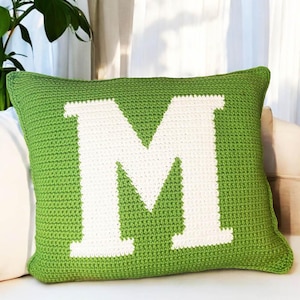 Patrón de almohada de crochet con la letra M, almohada con monograma inicial, almohada decorativa, patrón de crochet con letras modernas, almohada con letras, tutorial de crochet