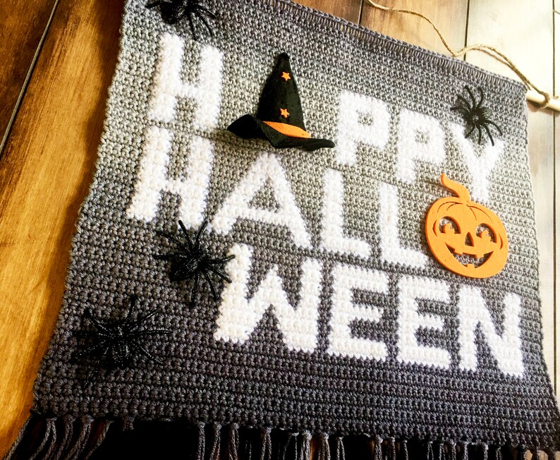Happy Halloween Crochet Pattern, Halloween Home Decor, Crochet Pillow Pattern, Wall hanging decoration, diy decor, intarsia Crochet image 2