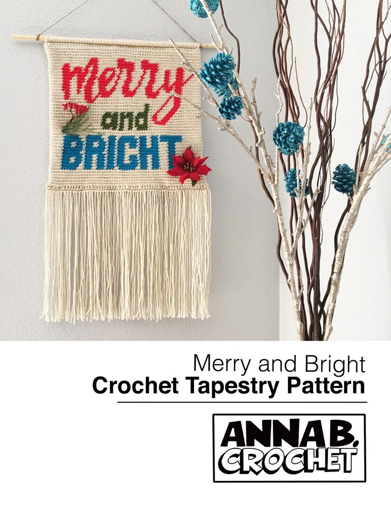 Merry and Bright Crochet Pattern, Crochet Christmas Pillow, Wall Hanging Banner Holiday Decor image 1