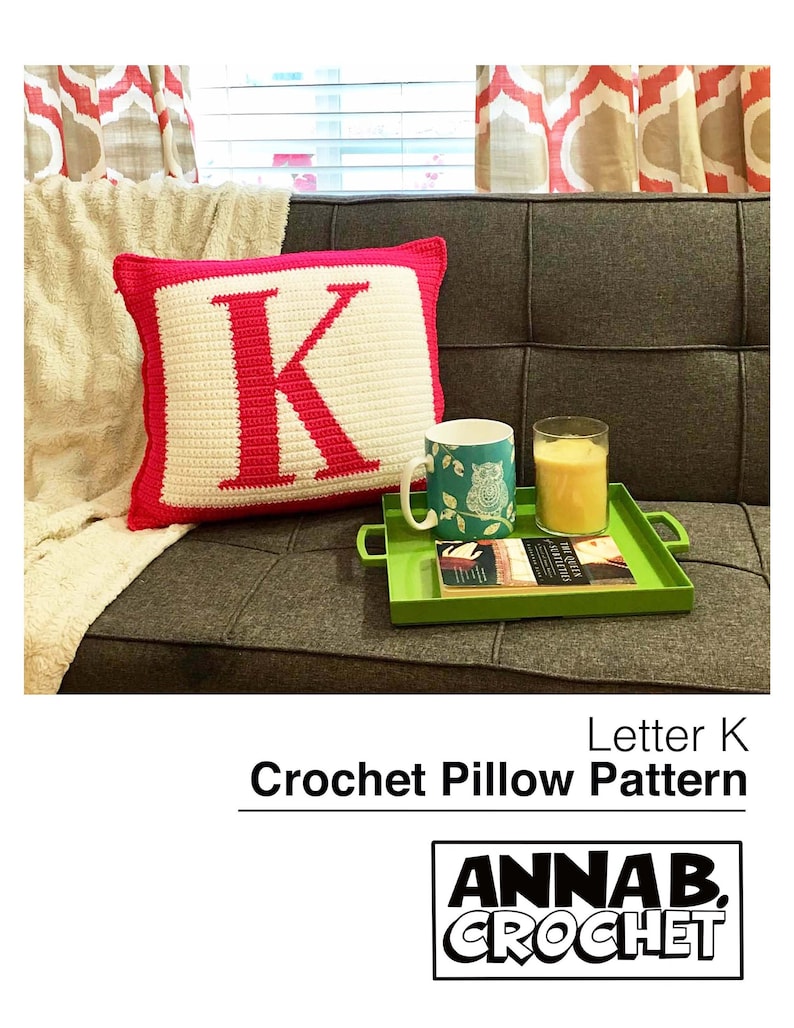 Letter K Crochet Pillow Pattern, Initial Monogram Pillow image 1