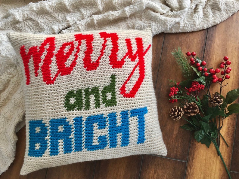 Crochet Christmas Pillow Wall Hanging Banner Holiday Decor Merry and Bright Crochet Pattern