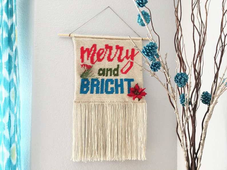 Crochet Christmas Pillow Wall Hanging Banner Holiday Decor Merry and Bright Crochet Pattern