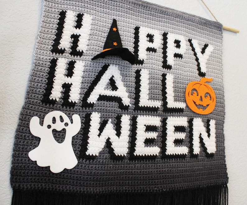 Happy Halloween Crochet Pattern, Halloween Home Decor, Crochet Pillow Pattern, Wall hanging decoration, diy decor, intarsia Crochet image 5