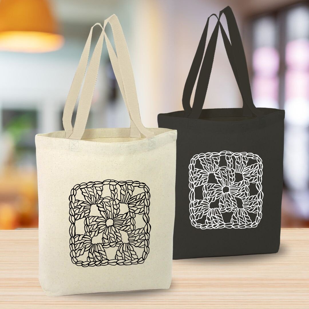 Granny Square Design Graph Canvas Tote Bag, Crocheter, Yarn
