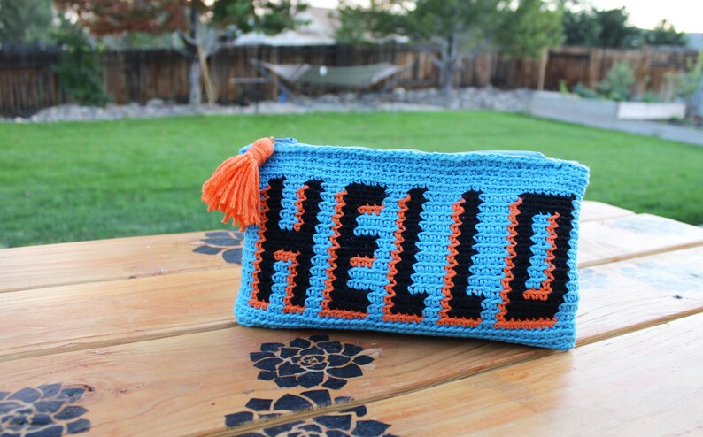 HELLO Pouch Tapestry Crochet Pattern, Purse Tapestry Pattern, diy accessory, instant pdf download image 2