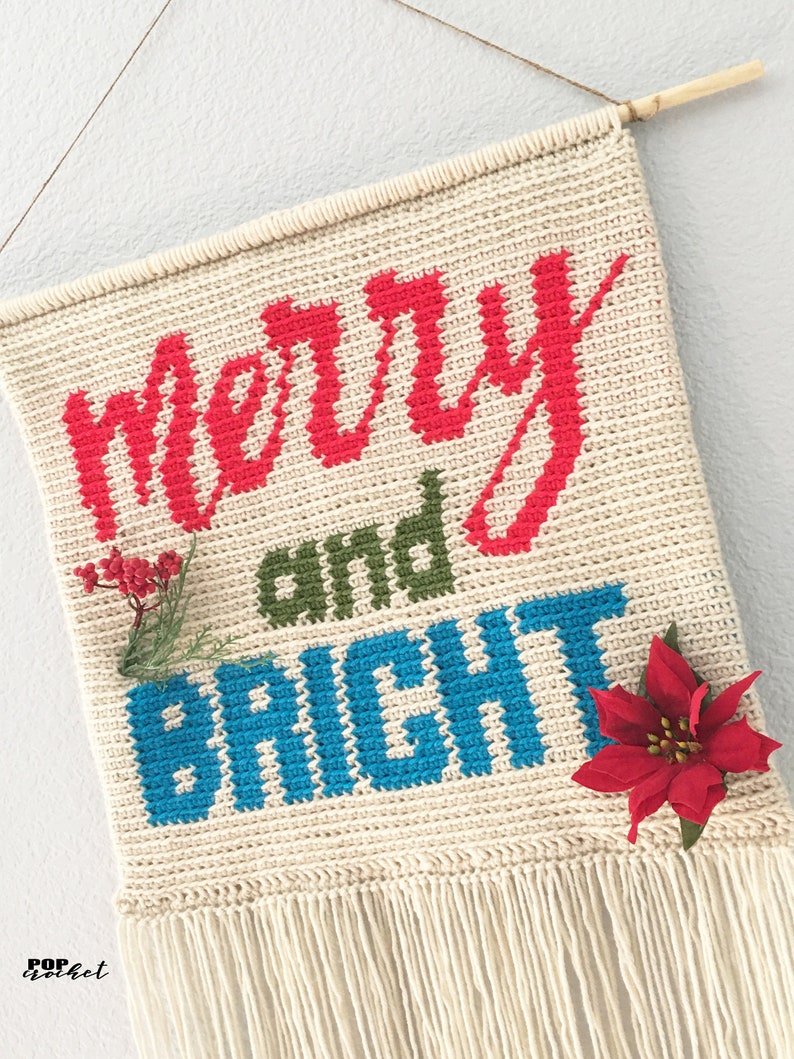 Crochet Christmas Pillow Wall Hanging Banner Holiday Decor Merry and Bright Crochet Pattern