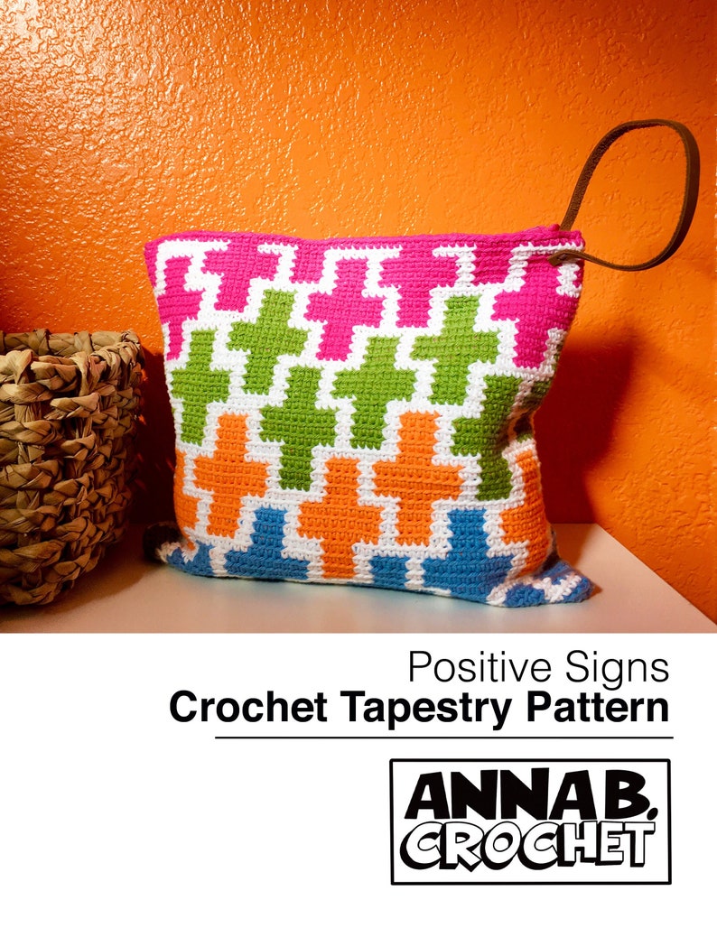 Positive Sign Tapestry Crochet Pattern, Crochet Pouch, Crochet Purse, tapestry crochet, diy accessory, cotton yarn, instant pdf download image 1