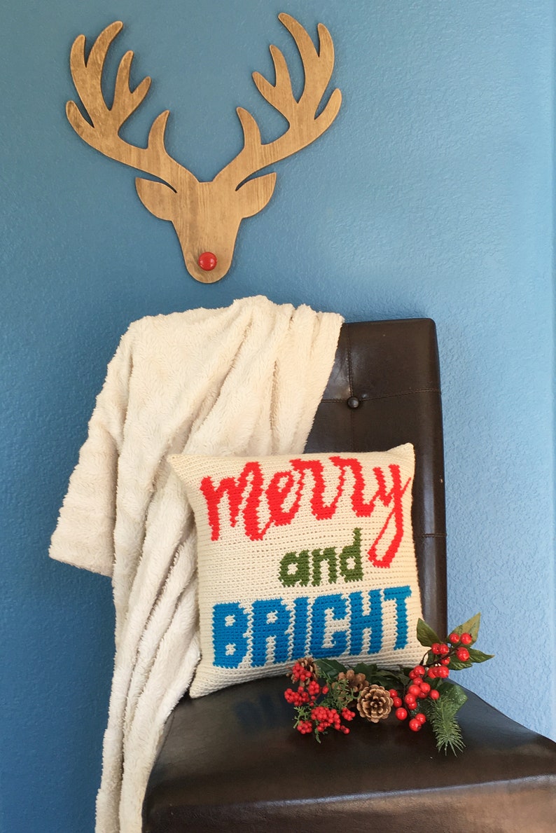 Crochet Christmas Pillow Wall Hanging Banner Holiday Decor Merry and Bright Crochet Pattern