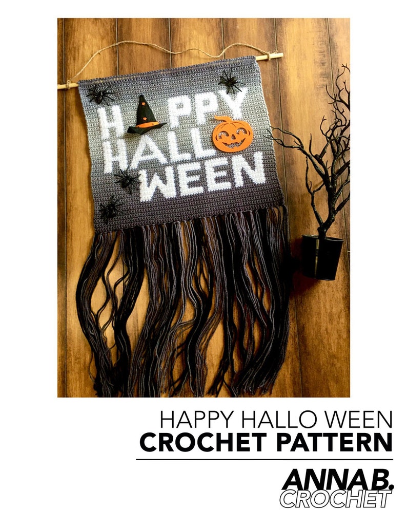 Happy Halloween Crochet Pattern, Halloween Home Decor, Crochet Pillow Pattern, Wall hanging decoration, diy decor, intarsia Crochet image 1