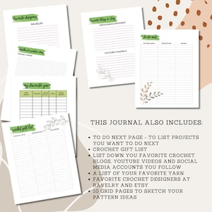 Pu&ograve; includere: Un diario di uncinetto stampabile con un design floreale verde. Il diario include sezioni per i designer, i blog e i filati preferiti, oltre a un elenco di cose da fare e 10 pagine quadrate per abbozzare idee di modelli.