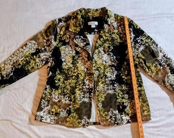 Christopher & Banks Strick Cord Hemd Blazer Damen Größe Groß Blumen Paisley Druck Geknöpfte Taschen Vorne Grün Schwarz Gold Büronacht
