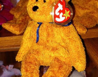 FUZZ BEAR Ty Original Beanie Baby Vintage 1990'S Like New Always Stored Golden Brown Fur Blue Neck Ribbon Rare Retired Collectible