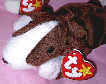 Ty Original Mütze Baby BRUNO DOG 1997 Tush Tag P.V.C. Pellets Plüschtier Sammlerstück Selten Geschenk Braun Weiß Immer gelagert