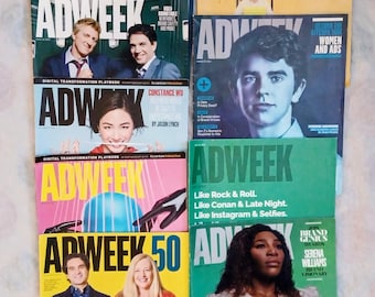 Paquete de revistas ADWEEK La voz de los medios 9 números anteriores de 2018 para usar en álbumes de recortes, collages, coleccionismo, lectura y anuncios Serena Freddie