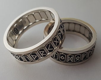 Viking-runenring, Futhark-alfabetring, mannelijke vikingring, minimalistische Viking-ring, Viking-bruiloft, fantasy lore-band, Viking-bandring.