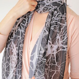 Black scarf, Tree scarf, Dark scarf, Black long scarf, Flowing scarf, Unique scarf, Unique gift, Gift women, mom gift, Chiffon, Silky scarf image 3