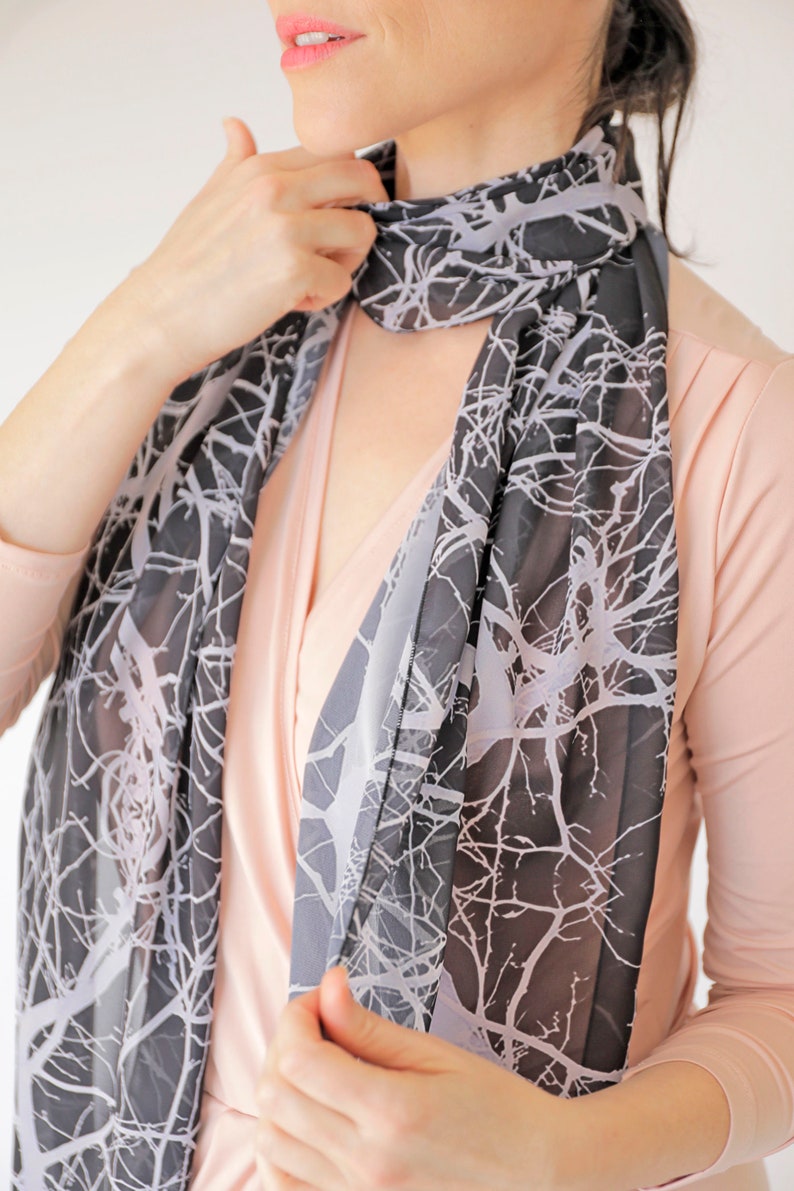 Black scarf, Tree scarf, Dark scarf, Black long scarf, Flowing scarf, Unique scarf, Unique gift, Gift women, mom gift, Chiffon, Silky scarf image 3