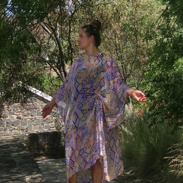 Asymmetrical luxury Urban draped oversize angled plus size printed dress/tunic with knot front side
