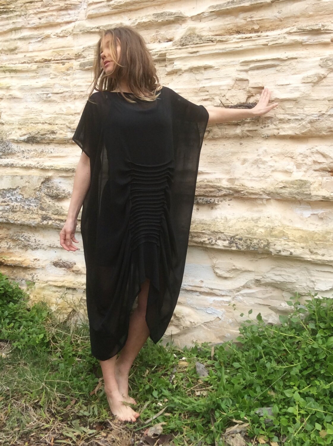 Oversize tuck Tunic/Top/Black Kaftan/Loose Dress/Asymmetrical | Etsy